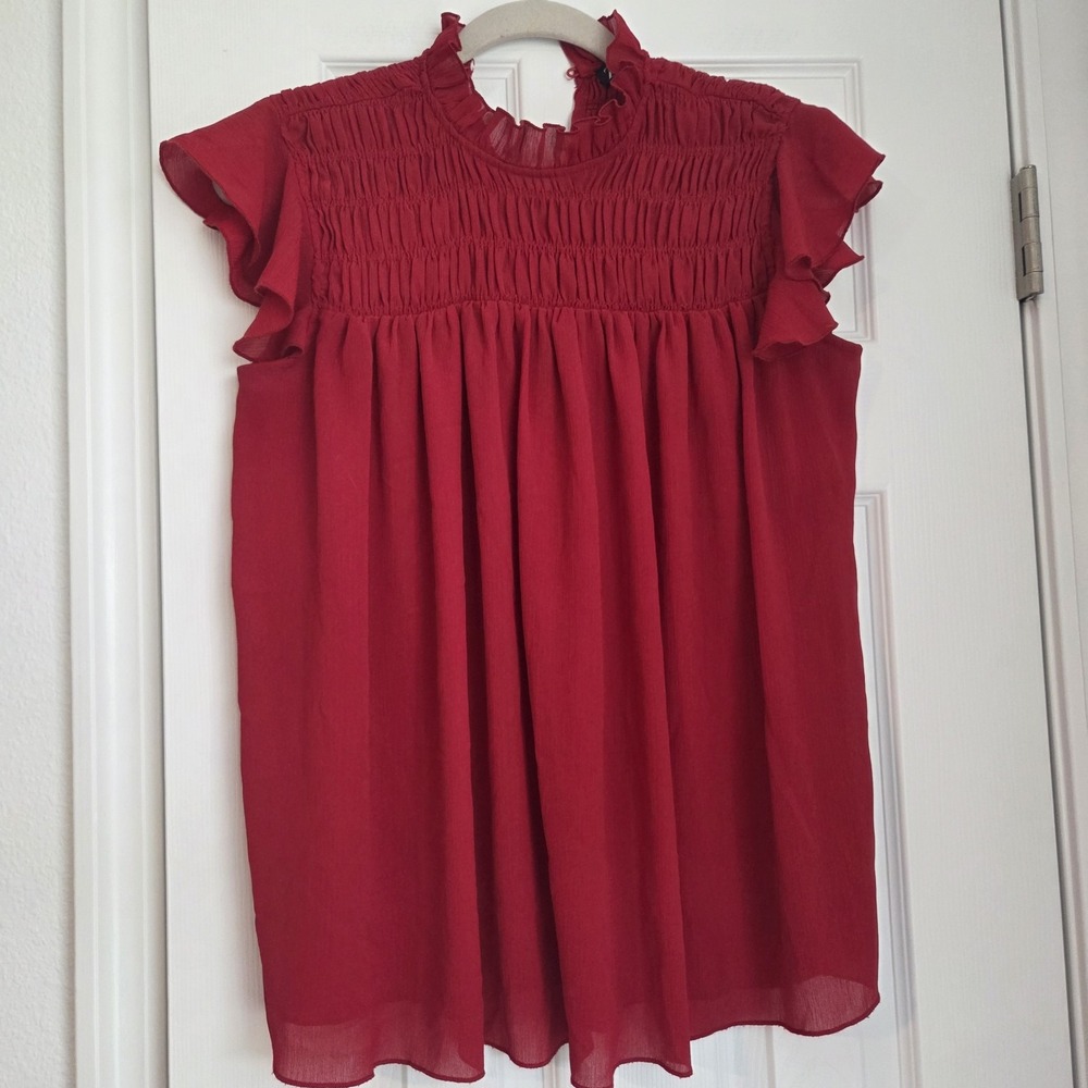 ZARA Red Smocked Blouse Top S Mock Neck Flutter Ruffle Sleeve Pleated Chiffon